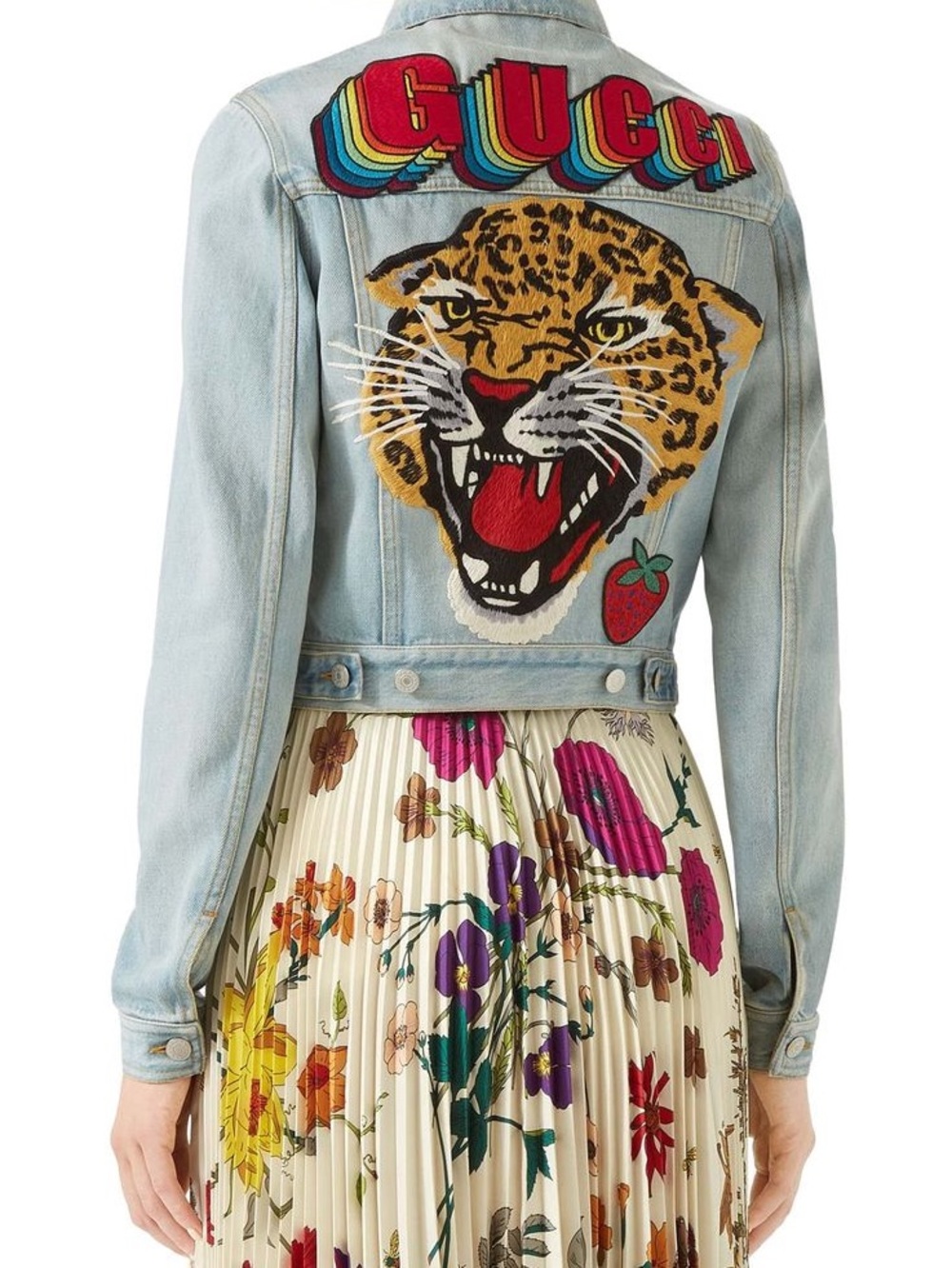 Gucci Light Blue Denim Jacket with Leopard Patch and Rainbow Logo